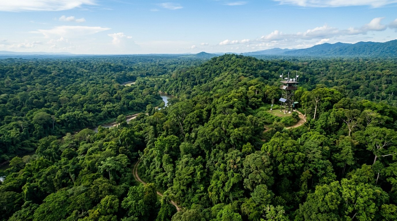 Lush forest canopy with ecological observation instrumentation